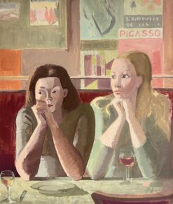 Fine 20th Century French Modernist Oil Painting Two Girls in French Bar Interior
