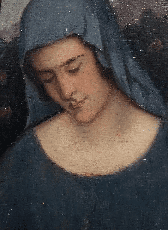 19th Century Portrait of Pensive Madonna Blue Veil Pre-Raphaelite Oil Painting - Image 2