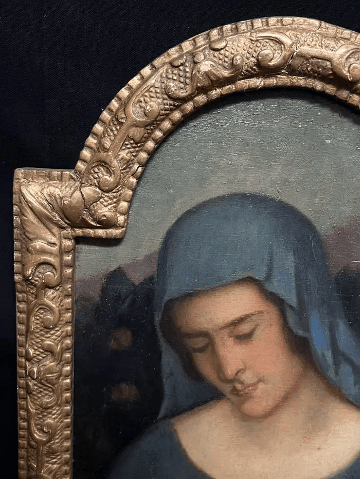 19th Century Portrait of Pensive Madonna Blue Veil Pre-Raphaelite Oil Painting - Image 4