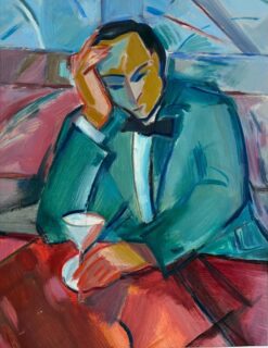 Original Oil Painting of Reflective Gentleman in Tuxedo with a Martini Glass