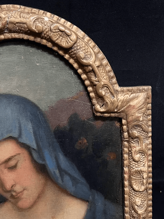 19th Century Portrait of Pensive Madonna Blue Veil Pre-Raphaelite Oil Painting - Image 5