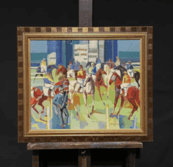 Large French Modernist Cubist Signed Oil - Jockeys on Horseback Parading