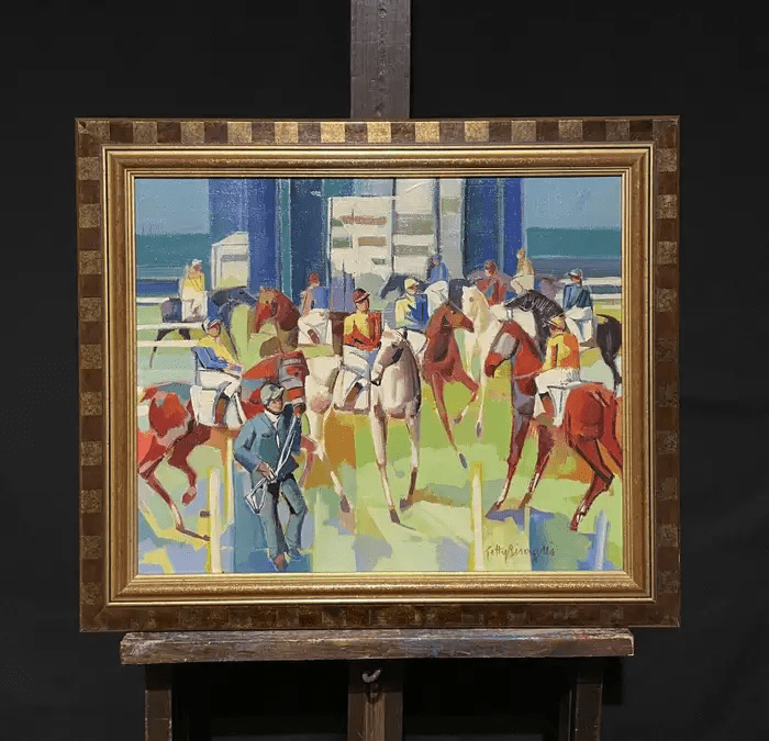 Large French Modernist Cubist Signed Oil - Jockeys on Horseback Parading
