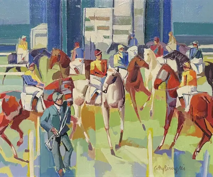 Large French Modernist Cubist Signed Oil - Jockeys on Horseback Parading - Image 2