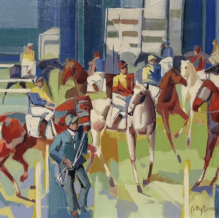 Large French Modernist Cubist Signed Oil - Jockeys on Horseback Parading - Image 3