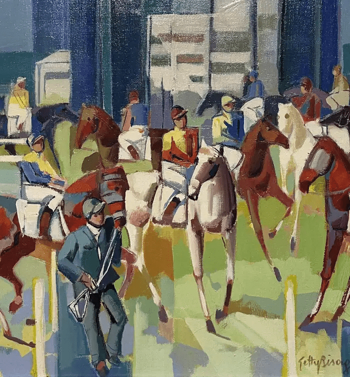 Large French Modernist Cubist Signed Oil - Jockeys on Horseback Parading - Image 4