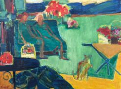 HUGE 20th Century French Modernist Oil Painting Figures on Park Bench with Cat