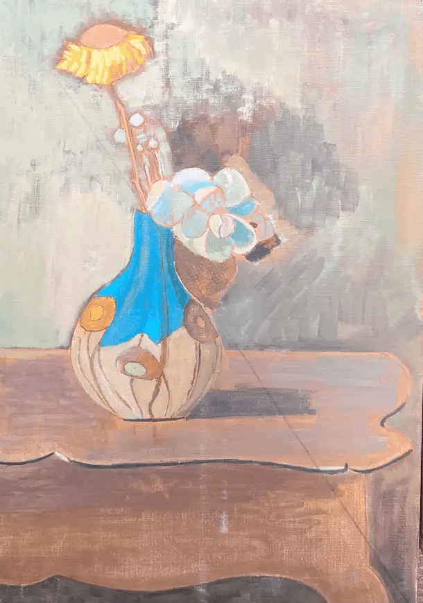 Fine 20th Century French Modernist Oil Painting Yellow Flower in Blue Vase