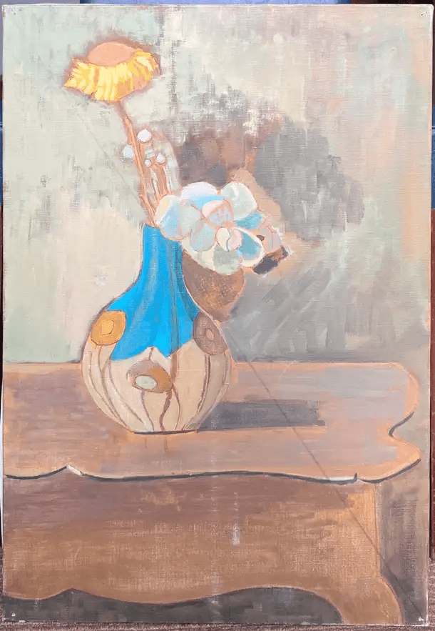 Fine 20th Century French Modernist Oil Painting Yellow Flower in Blue Vase - Image 2