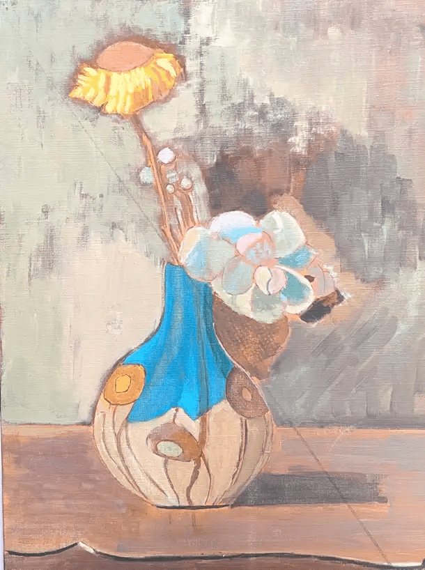 Fine 20th Century French Modernist Oil Painting Yellow Flower in Blue Vase - Image 3
