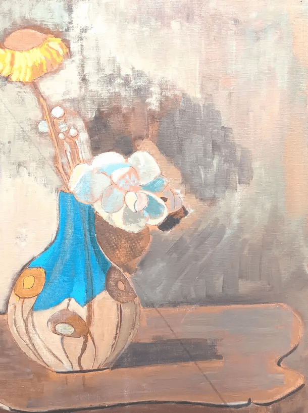 Fine 20th Century French Modernist Oil Painting Yellow Flower in Blue Vase - Image 4