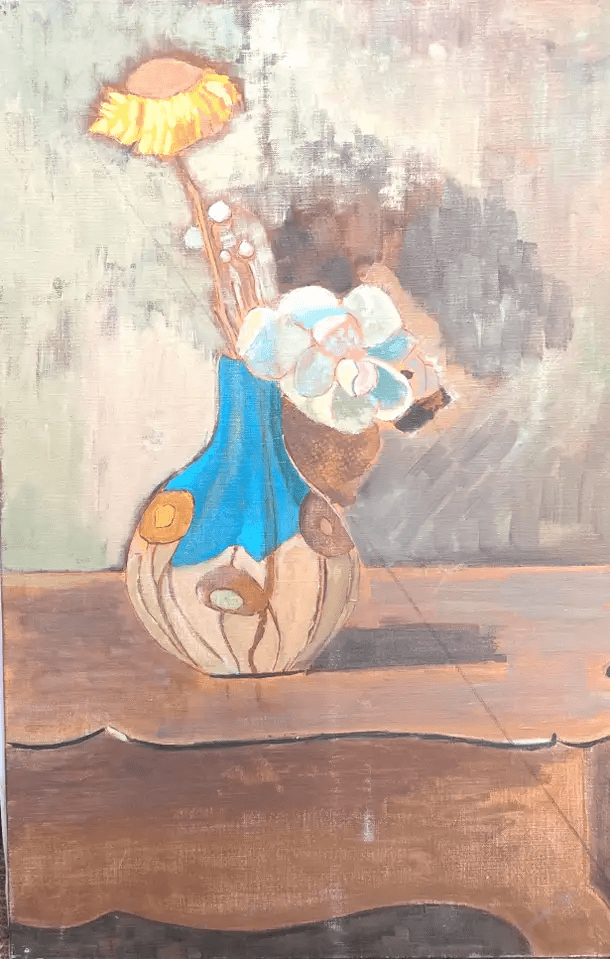 Fine 20th Century French Modernist Oil Painting Yellow Flower in Blue Vase - Image 5