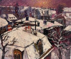 Paris Roof Tops in the Snow at Dusk Signed French Impressionist Oil Painting