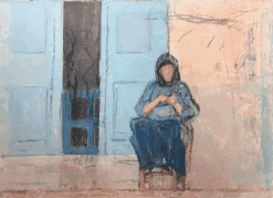 20th Century French Modernist Oil Painting Lady Seating on Old Street