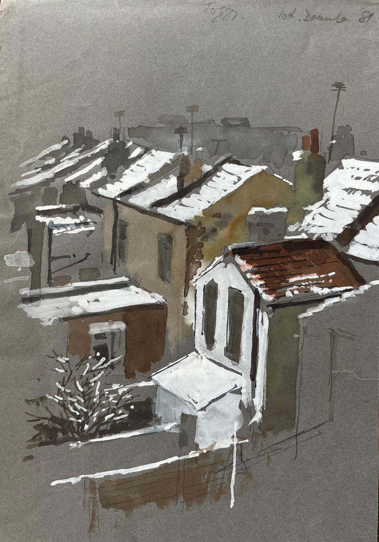 Snow Covered Rooftops in South London Watercolour Scene Winter 1981