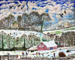 Huge 20th Century British Naive Welsh Oil Painting Village Life in Winter Snow