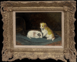 Portrait of Two Puppies in Interior Room Setting Signed Oil Painting