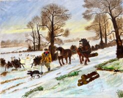 The Logging Team Farmer with Heavy Horses Pulling Timber in Woodland Snow