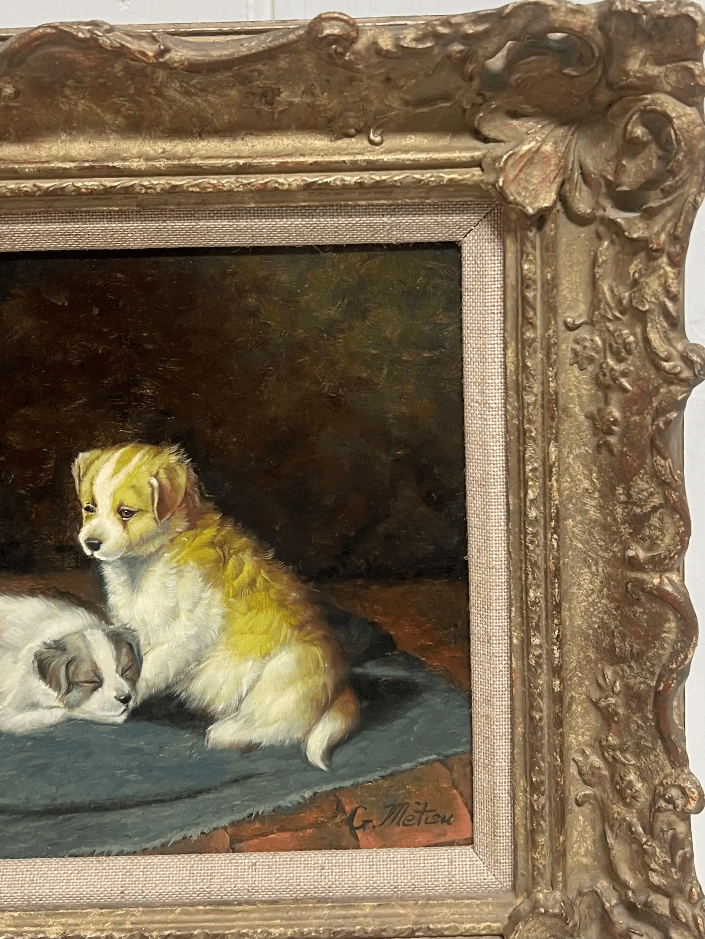 Portrait of Two Puppies in Interior Room Setting Signed Oil Painting - Image 4