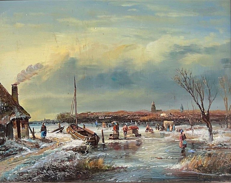 Fine Dutch Winter Ice Landscape Figures playing Ice Signed Oil Gilt Swept Frame - Image 2