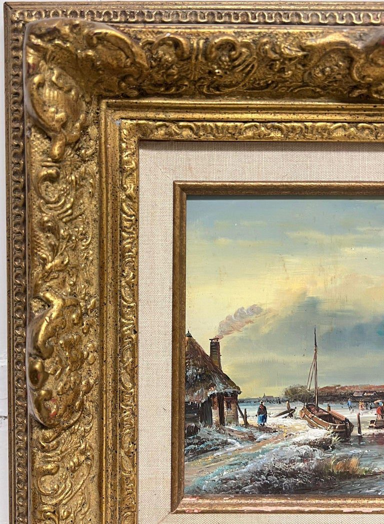 Fine Dutch Winter Ice Landscape Figures playing Ice Signed Oil Gilt Swept Frame - Image 3