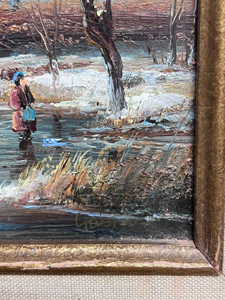 Fine Dutch Winter Ice Landscape Figures playing Ice Signed Oil Gilt Swept Frame - Image 4