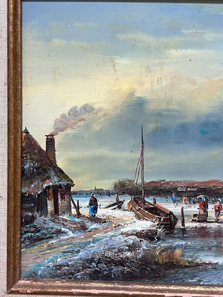 Fine Dutch Winter Ice Landscape Figures playing Ice Signed Oil Gilt Swept Frame - Image 5