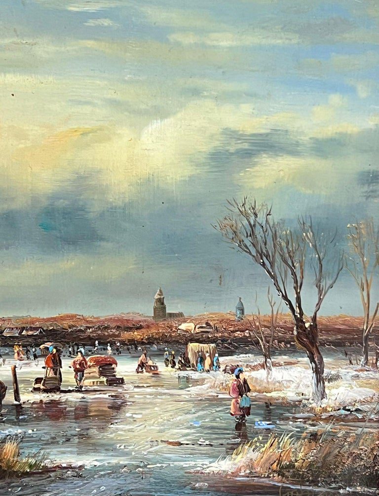 Fine Dutch Winter Ice Landscape Figures playing Ice Signed Oil Gilt Swept Frame - Image 6