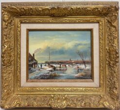 Fine Dutch Winter Ice Landscape Figures playing Ice Signed Oil Gilt Swept Frame