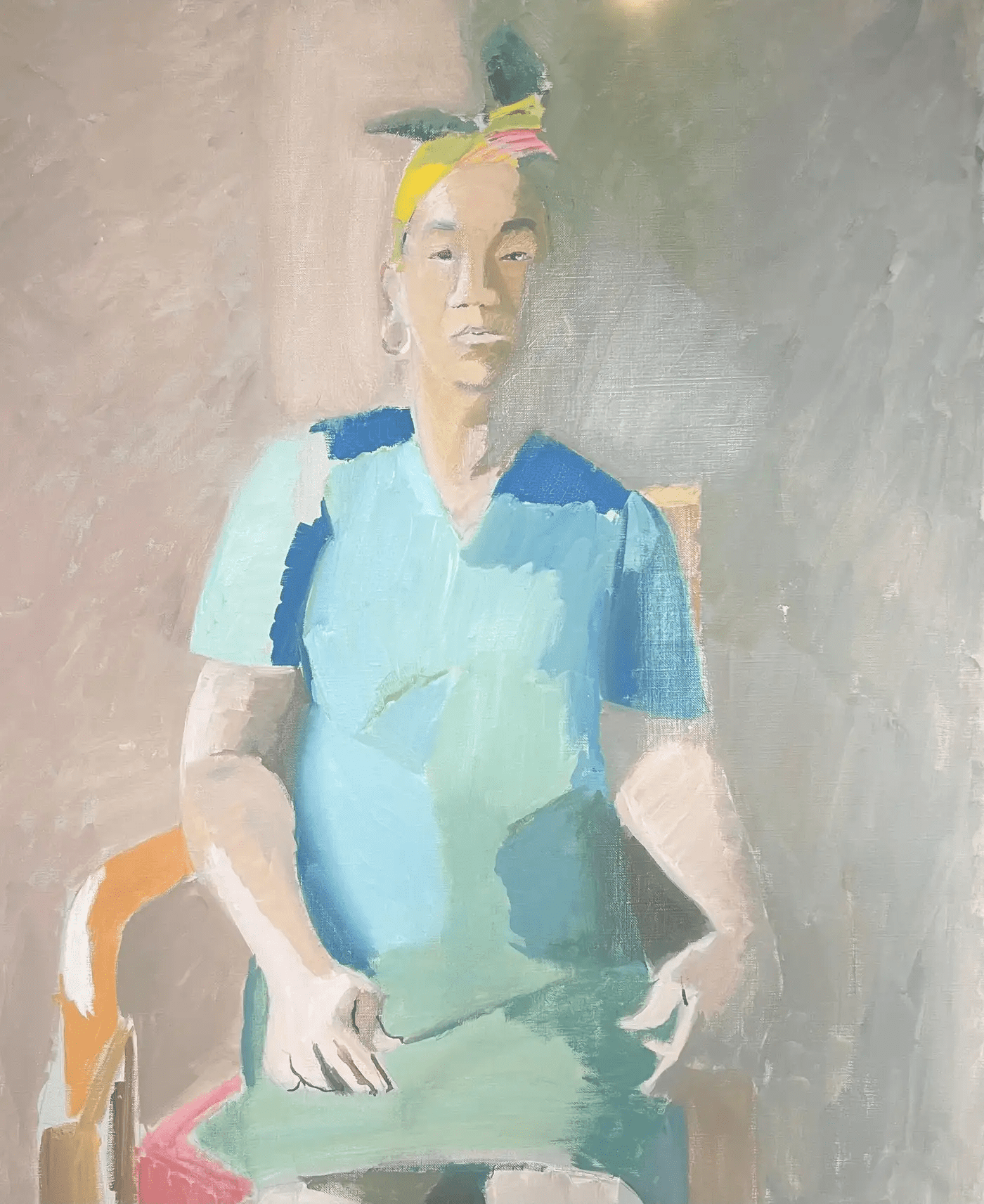 Fine 20th Century French Modernist Oil Painting Portrait Woman Turquoise Dress