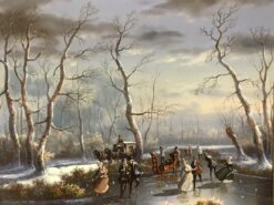 CLASSICAL DUTCH WINTER SCENE OIL PAINTING - FIGURES SKATING ON ICE - SIGNED