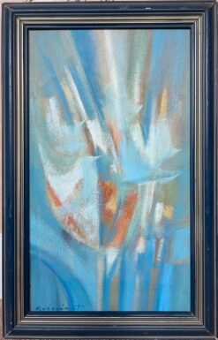 1970's French Abstract Original Painting Blues Oranges and Whites Signed