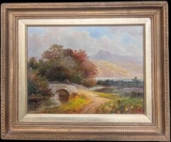 Signed 19th Century Scottish Oil Painting Figures Crossing Old Stone Bridge