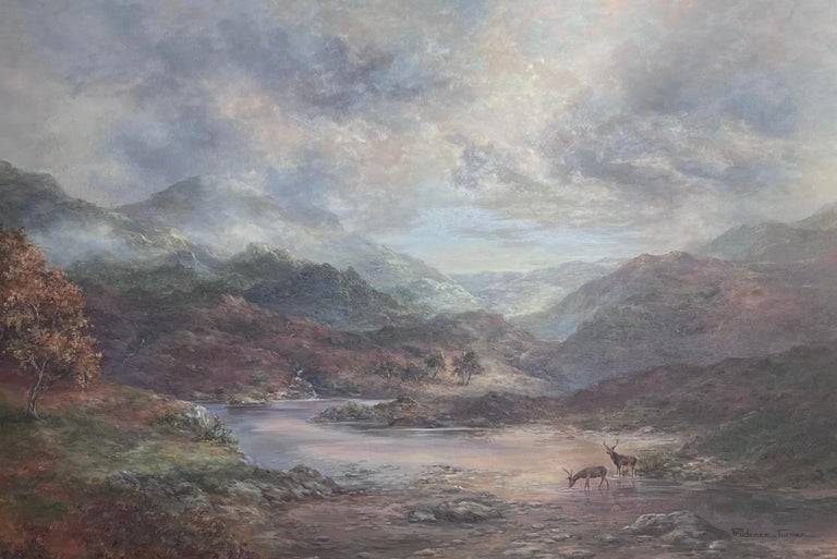 Huge Scottish Oil Painting Stags in Mountainous Autumn Landscape Signed Framed - Image 2