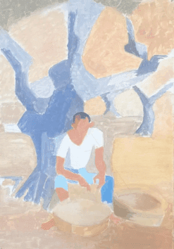 20th Century French Modernist Oil Painting Man Seated under Tree Scorching Heat