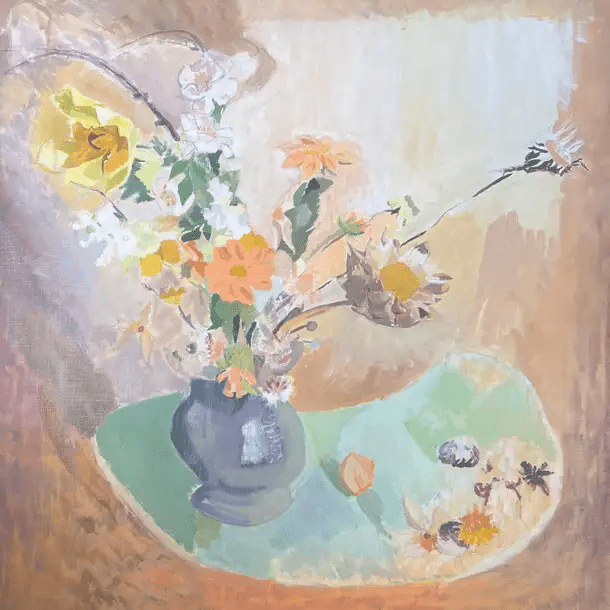 Large 20th Century French Modernist Oil Painting Vase of Flowers in Interior