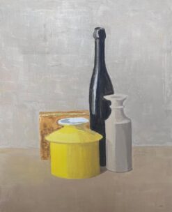 20th Century French Modernist Oil Painting Wine Bottle Yellow Vase Still Life