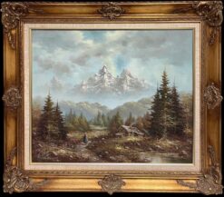 Large Italian Alpine Mountain Scene Snow Capped Mountains Signed Oil Painting