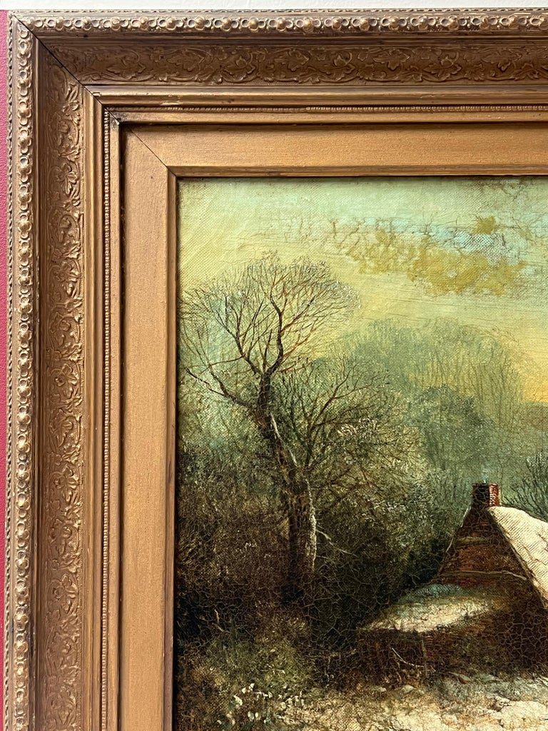 Fine Victorian English Oil Painting Cottages in Winter Snow Landscape Oil - Image 7