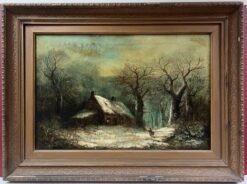 Fine Victorian English Oil Painting Cottages in Winter Snow Landscape Oil