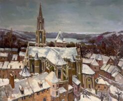 Snow Covered Cathedral In a Tranquil Winter French Landscape Oil Painting