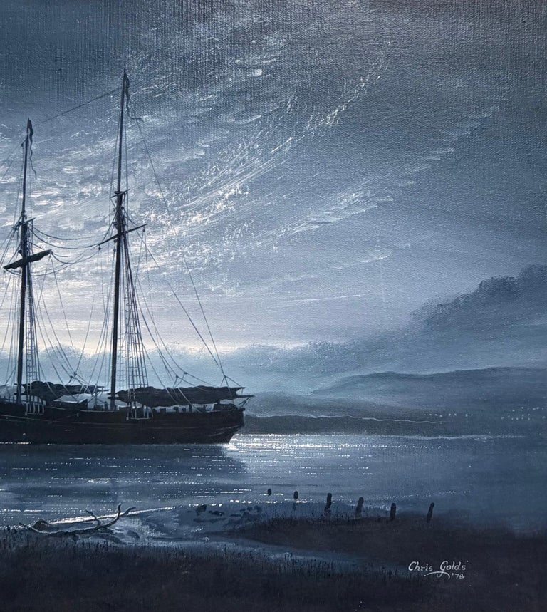 Large British Marine Oil Painting Schooner Ship under Moonlight at Sea, signed - Image 3