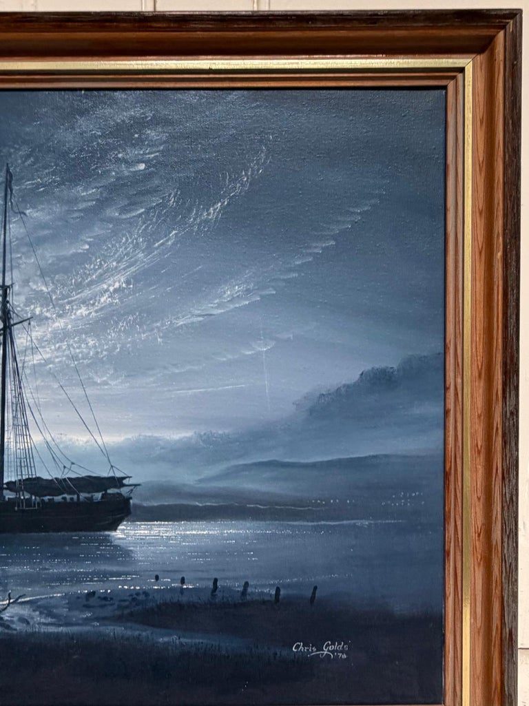 Large British Marine Oil Painting Schooner Ship under Moonlight at Sea, signed - Image 4