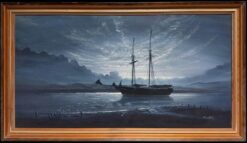 Large British Marine Oil Painting Schooner Ship under Moonlight at Sea, signed