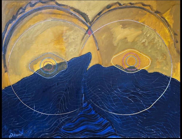 Navy and Gold Overlapping Circle Abstract French 20th Century Painting - Image 2