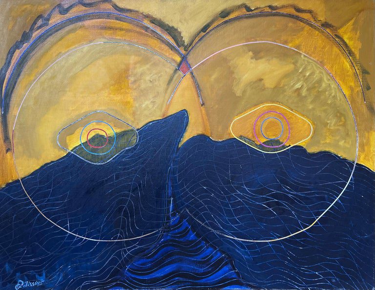 Navy and Gold Overlapping Circle Abstract French 20th Century Painting