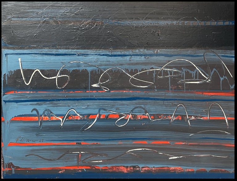 Blue Black and Red Streak Layered Abstract French 20th Century Painting - Image 2