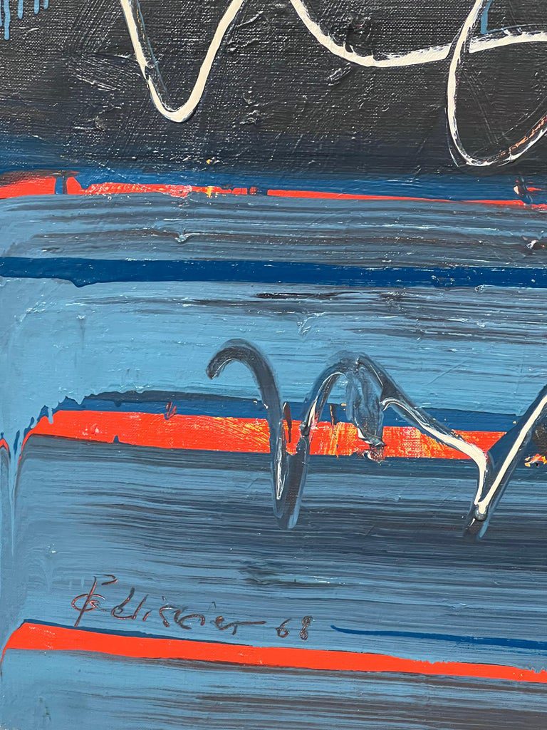 Blue Black and Red Streak Layered Abstract French 20th Century Painting - Image 3