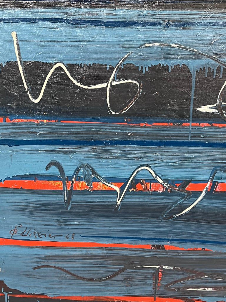 Blue Black and Red Streak Layered Abstract French 20th Century Painting - Image 4