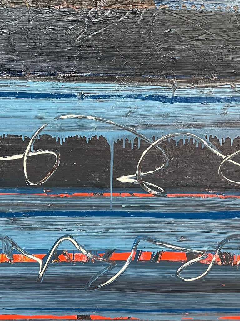 Blue Black and Red Streak Layered Abstract French 20th Century Painting - Image 5